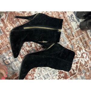Black Suede Ankle Boots with Gold Zipper Detail Size 6.5 Stiletto‎ Heels